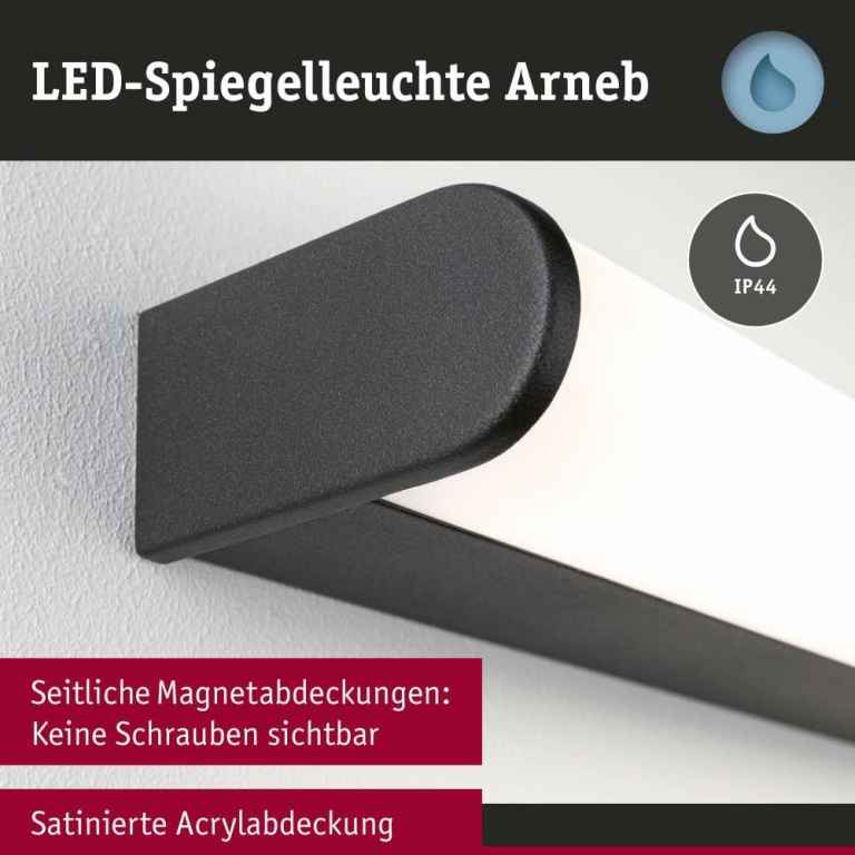 Paulmann Selection Bathroom LED Wandleuchte Arneb  IP44  3000K 700lm 230V 9W  Schwarz