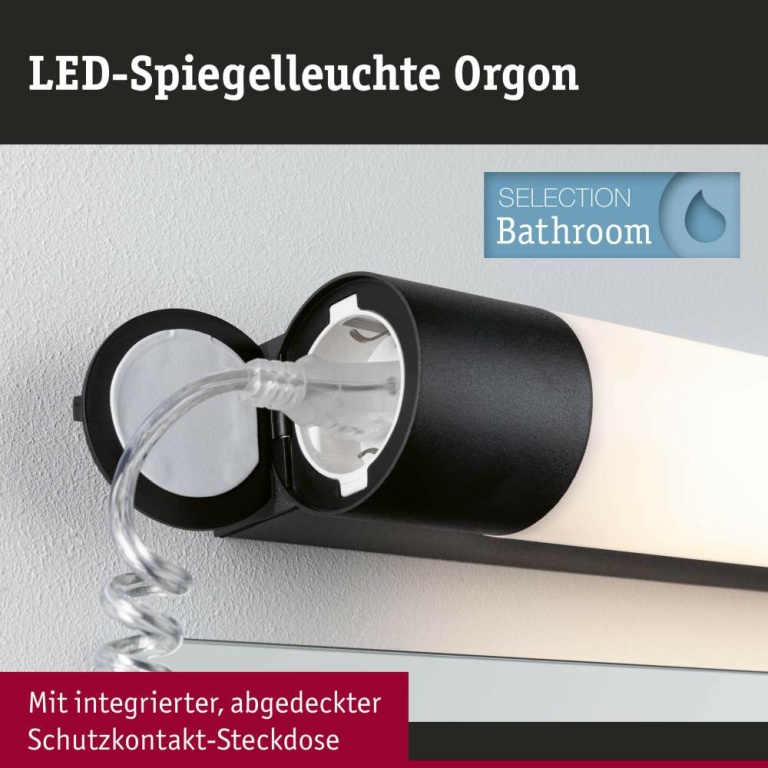 Paulmann Selection Bathroom LED Spiegelleuchte Orgon Steckdose  IP44  3000K 600lm 230V 7,5W  Schwarz