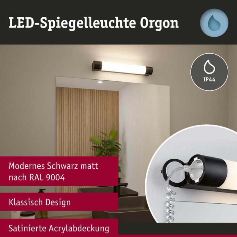 Paulmann Selection Bathroom LED Spiegelleuchte Orgon Steckdose  IP44  3000K 600lm 230V 7,5W  Schwarz