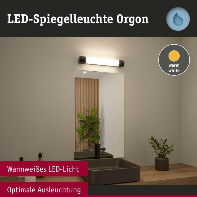 Paulmann Selection Bathroom LED Spiegelleuchte Orgon Steckdose  IP44  3000K 600lm 230V 7,5W  Schwarz