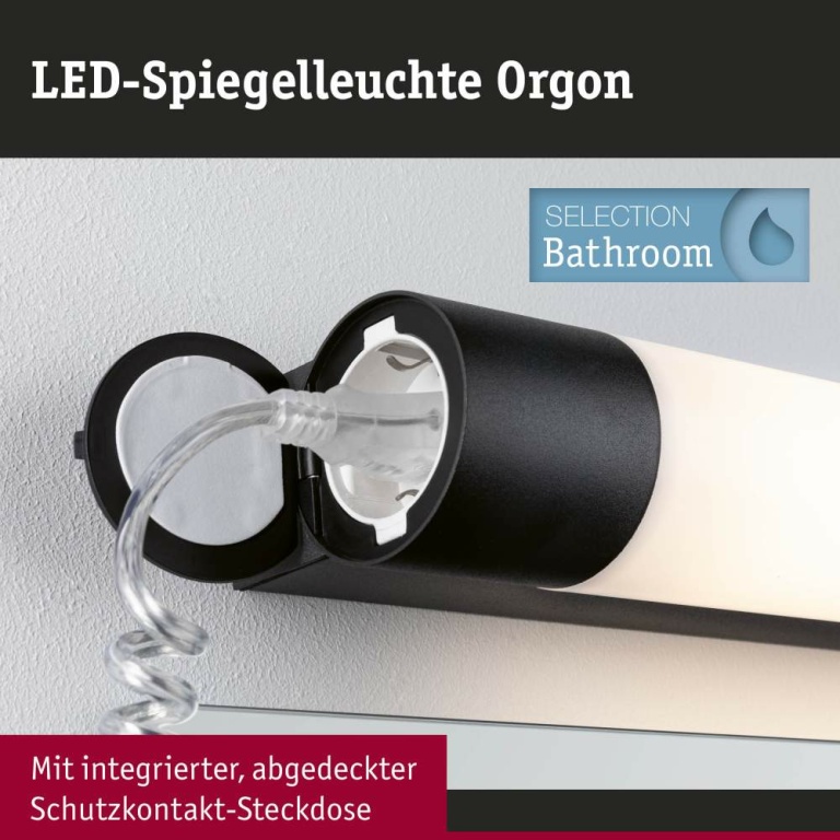 Paulmann Selection Bathroom LED Spiegelleuchte Orgon Steckdose  IP44  3000K 850lm 230V 10,5W  Schwarz