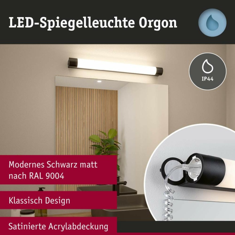 Paulmann Selection Bathroom LED Spiegelleuchte Orgon Steckdose  IP44  3000K 850lm 230V 10,5W  Schwarz