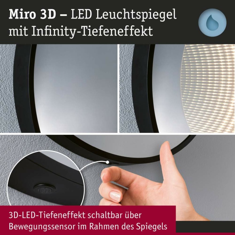 Paulmann LED Leuchtspiegel Miro IP44 Tunable White 70lm 230V 11,5W Spiegel Schwarz matt