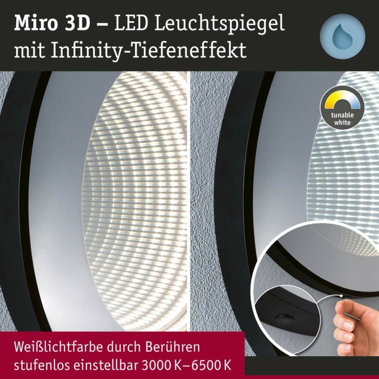 Paulmann LED Leuchtspiegel Miro IP44 Tunable White 70lm 230V 11,5W Spiegel Schwarz matt