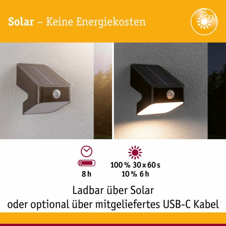 Paulmann Solar LED Wandfluter Lesly Bewegungsmelder IP65 eckig 3000K 5,5W 400lm Anthrazit Kunststoff