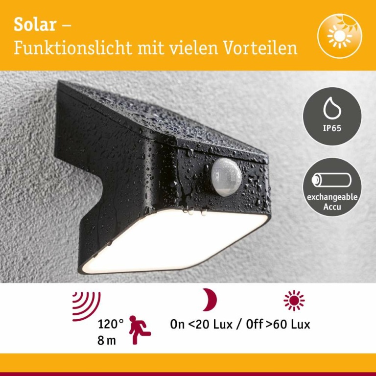 Paulmann Solar LED Wandfluter Lesly Bewegungsmelder IP65 eckig 3000K 5,5W 400lm Anthrazit Kunststoff