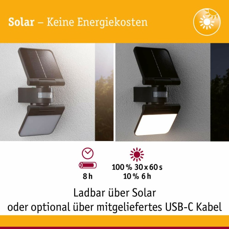 Paulmann Solar LED Wandfluter Lesly Bewegungsmelder IP65 eckig 3000K 12,5W 1000lm Anthrazit Kunststoff