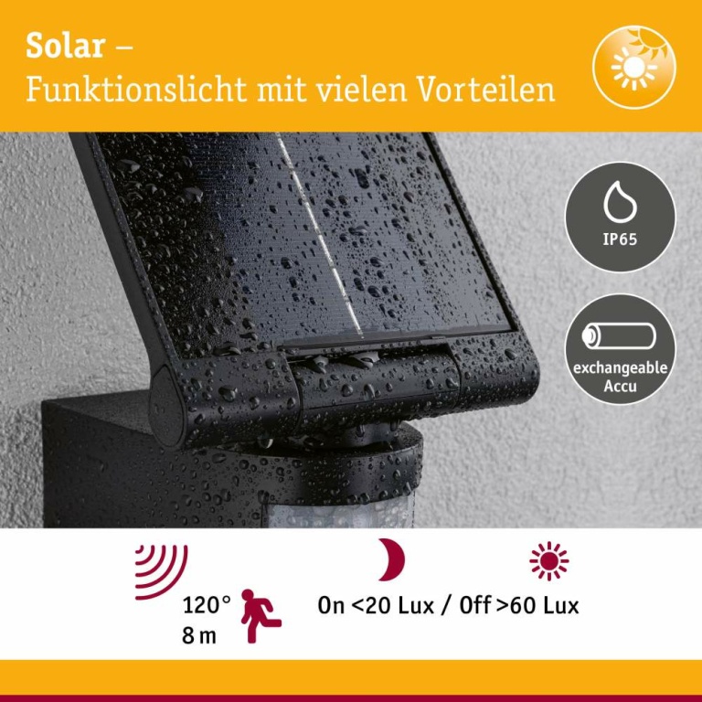 Paulmann Solar LED Wandfluter Lesly Bewegungsmelder IP65 eckig 3000K 12,5W 1000lm Anthrazit Kunststoff