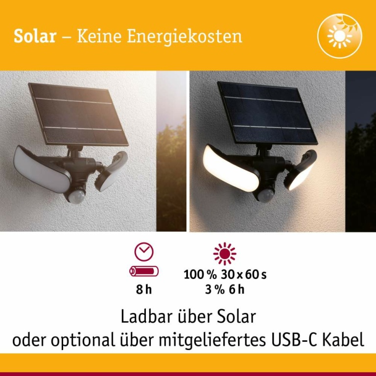 Paulmann Solar LED Wandfluter Sonlig Bewegungsmelder  IP65 eckig 286x137mm 3000K 2x9W 2x1100lm   Anthrazit Kunststoff