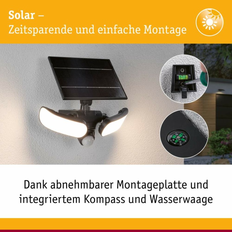 Paulmann Solar LED Wandfluter Sonlig Bewegungsmelder  IP65 eckig 286x137mm 3000K 2x9W 2x1100lm   Anthrazit Kunststoff