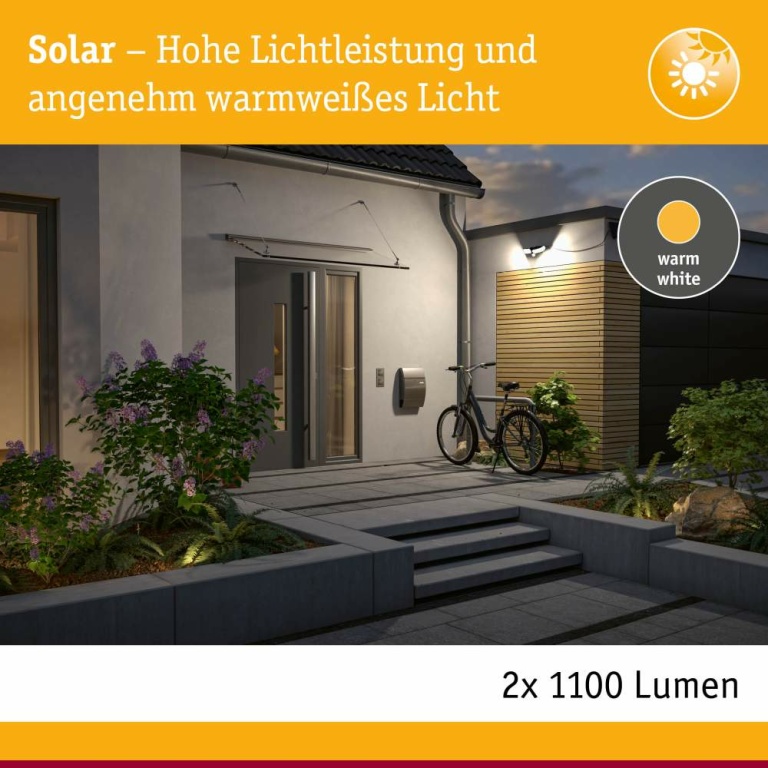 Paulmann Solar LED Wandfluter Sonlig Bewegungsmelder  IP65 eckig 286x137mm 3000K 2x9W 2x1100lm   Anthrazit Kunststoff