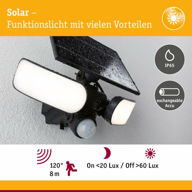 Paulmann Solar LED Wandfluter Sonlig Bewegungsmelder  IP65 eckig 286x137mm 3000K 2x9W 2x1100lm   Anthrazit Kunststoff