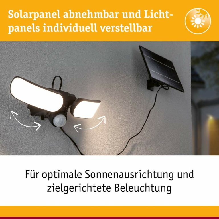 Paulmann Solar LED Wandfluter Sonlig Bewegungsmelder  IP65 eckig 286x137mm 3000K 2x9W 2x1100lm   Anthrazit Kunststoff