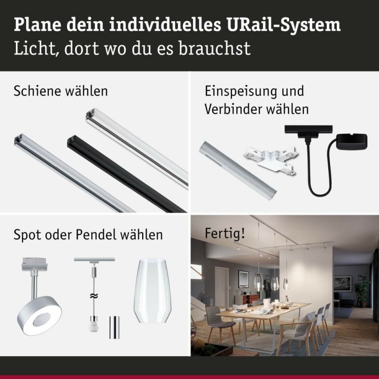 Paulmann URail Mittel-Einspeisung Zigbee Chrom matt in Optik & Dimension der Urail-Schiene max. 100W