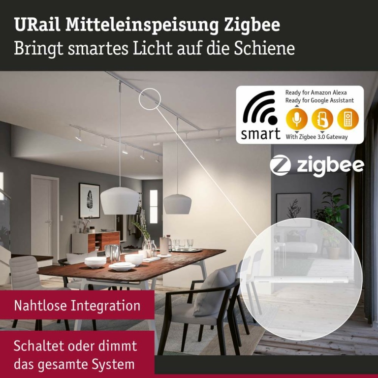 Paulmann URail Mittel-Einspeisung Zigbee Signalweiß in Optik & Dimension der Urail-Schiene max. 100W