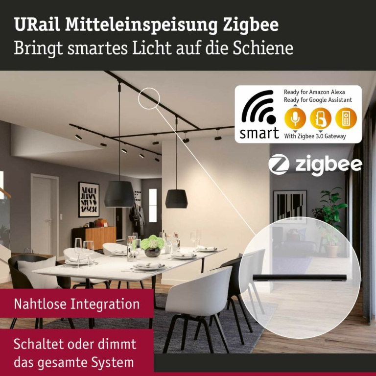 Paulmann URail Mittel-Einspeisung Zigbee Schwarz matt in Optik & Dimension der Urail-Schiene max. 100W