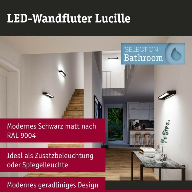 Paulmann Selection Bathroom LED Wandleuchte Lucille IP44  2700K 1300lm 230V 17W dimmbar Schwarz