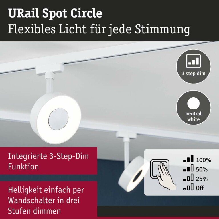 Paulmann URail LED Schienenspot 3-Step-Dim Circle Einzelspot  220lm 5W 4000K dimmbar 230V Signalweiß