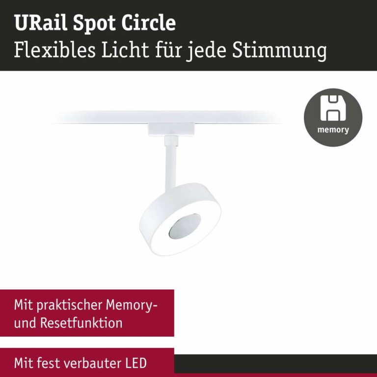 Paulmann URail LED Schienenspot 3-Step-Dim Circle Einzelspot  220lm 5W 4000K dimmbar 230V Signalweiß