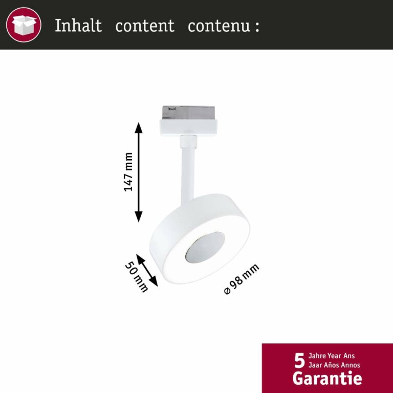 Paulmann URail LED Schienenspot 3-Step-Dim Circle Einzelspot  220lm 5W 4000K dimmbar 230V Signalweiß
