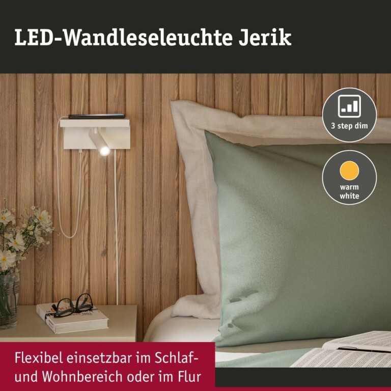 Paulmann LED Wandleuchte Leselampe Jerik Weiß matt USB-C 3000K 160lm 3-Step-Dim mit Euroflachstecker schwenkbarer Leuchtenkopf