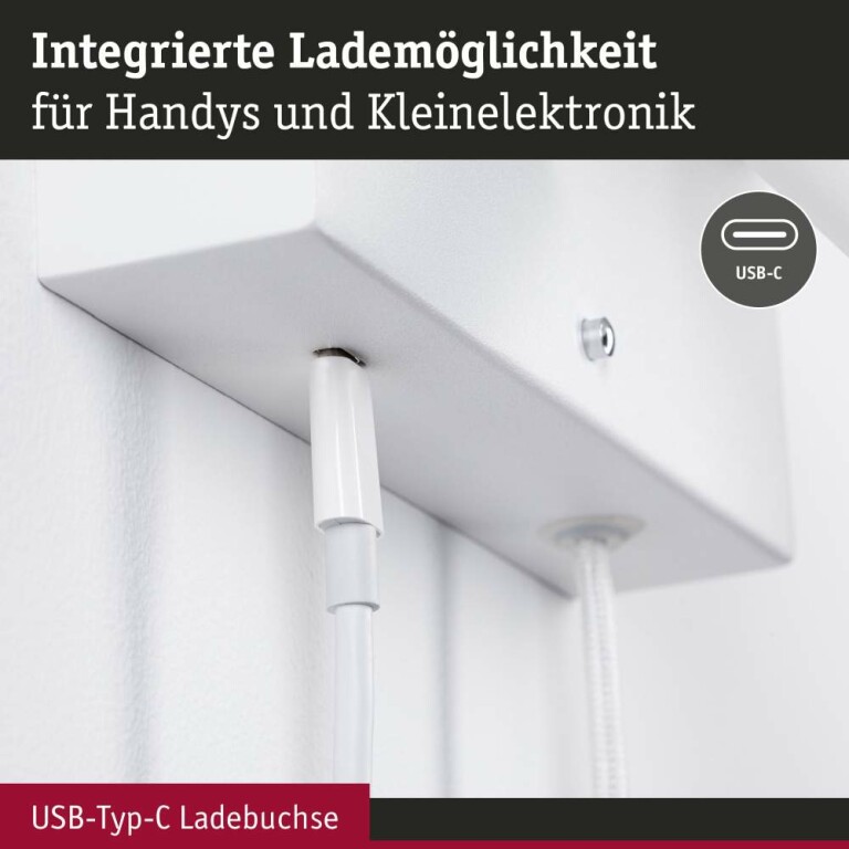 Paulmann LED Wandleuchte Leselampe Jerik Weiß matt USB-C 3000K 160lm 3-Step-Dim mit Euroflachstecker schwenkbarer Leuchtenkopf