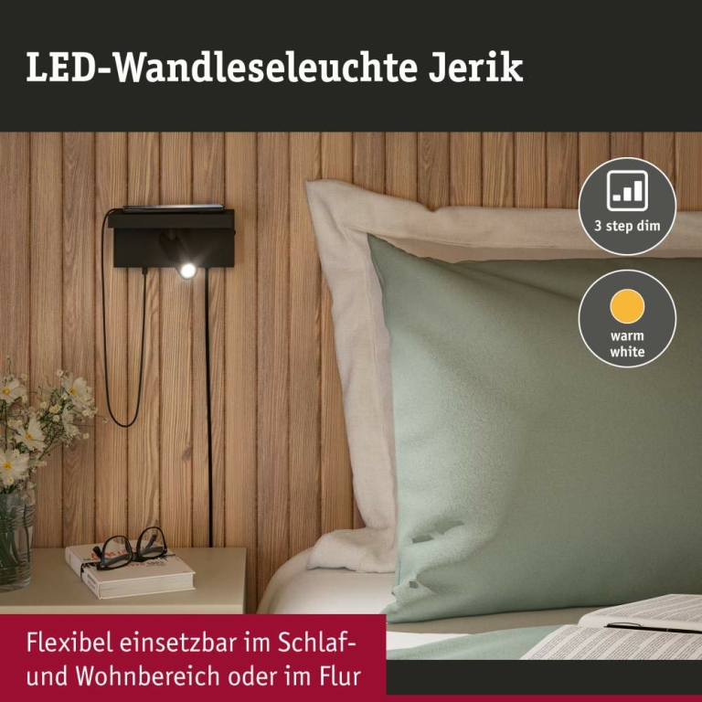 Paulmann LED Wandleuchte Leselampe Jerik Schwarz matt USB-C 3000K 160lm 3-Step-Dim mit Euroflachstecker schwenkbarer Leuchtenkopf