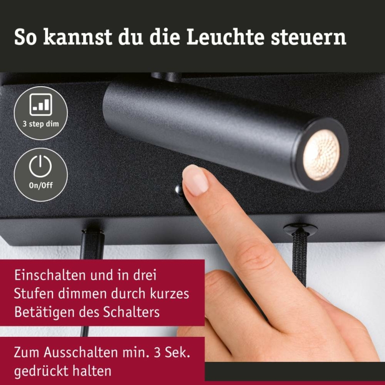 Paulmann LED Wandleuchte Leselampe Jerik Schwarz matt USB-C 3000K 160lm 3-Step-Dim mit Euroflachstecker schwenkbarer Leuchtenkopf