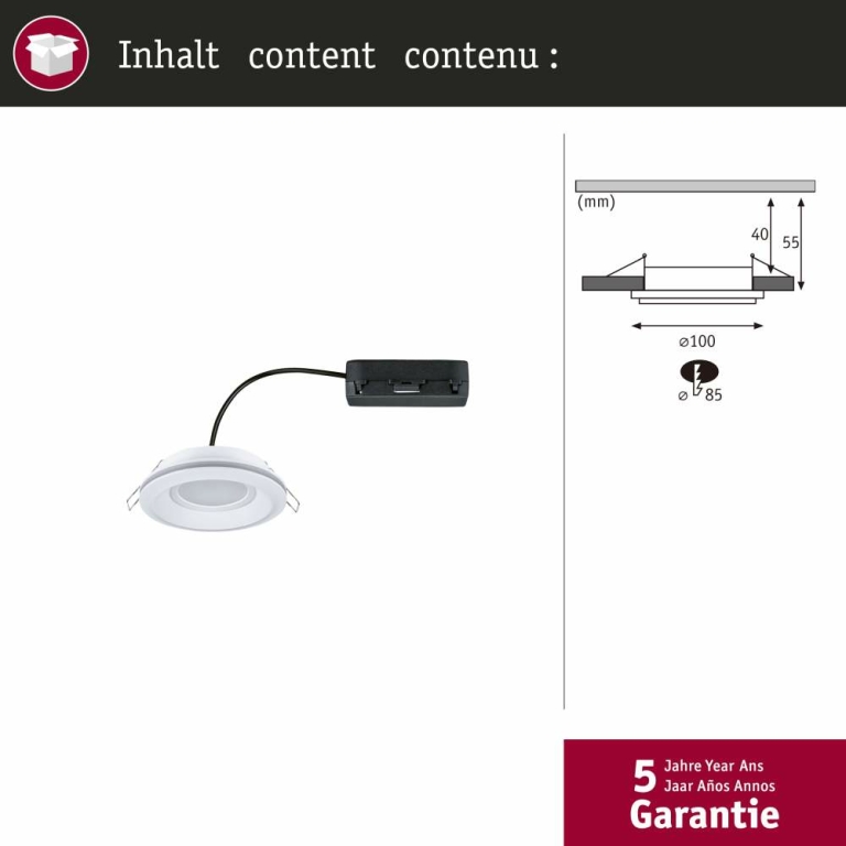 Paulmann LED Einbauleuchte Sormus Einzelleuchte  IP65 rund 100mm  4,8 / 1,5W 560lm / 180lm 230V  3000K Weiß