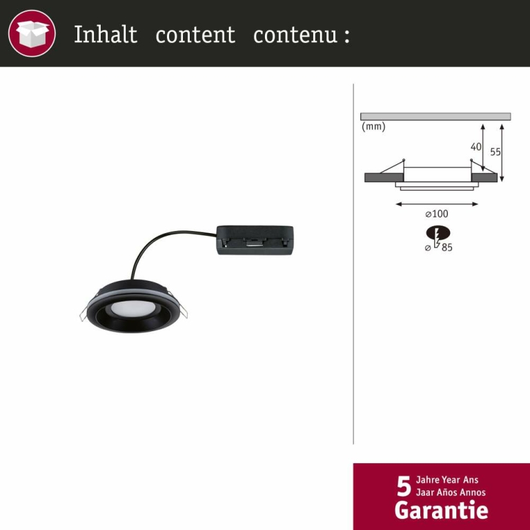 Paulmann LED Einbauleuchte Sormus Einzelleuchte  IP65 rund 100mm  4,8 / 1,5W 560lm / 180lm 230V  3000K Schwarz