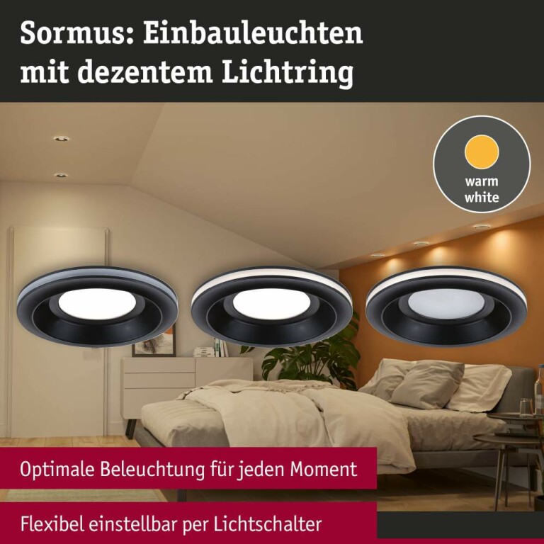 Paulmann LED Einbauleuchte Sormus Einzelleuchte  IP65 rund 100mm  4,8 / 1,5W 560lm / 180lm 230V  3000K Schwarz