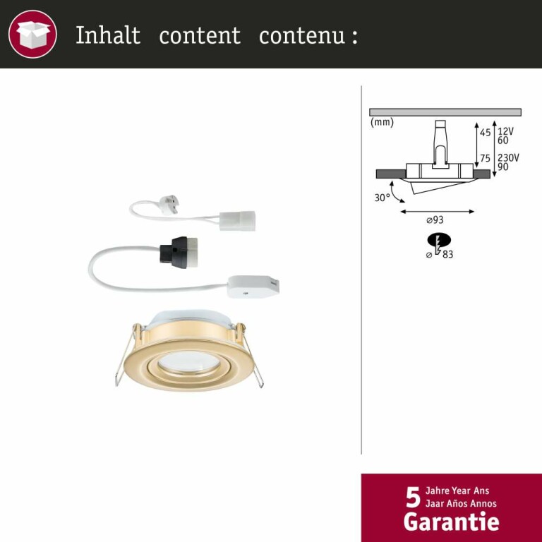 Paulmann Einbauleuchte Nova Plus Gold matt rund IP65 93mm 30° GU5,3 / GU10 max. 35W 230/12V dimmbar