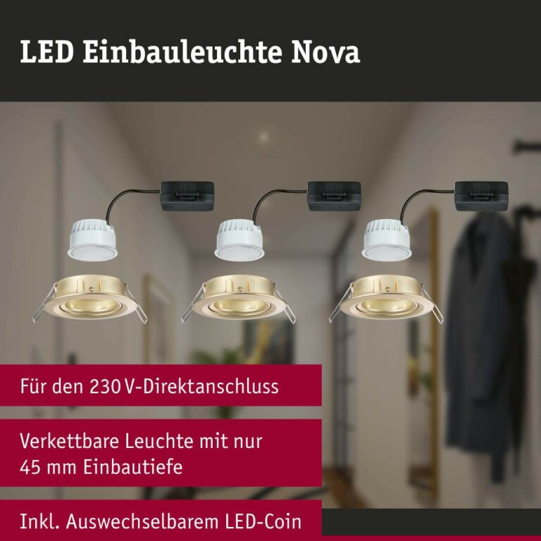 Paulmann LED Einbauleuchte Nova Coin 3er-Set   rund 84mm 50° Coin 3x6W 3x470lm 230V  2700K Gold matt