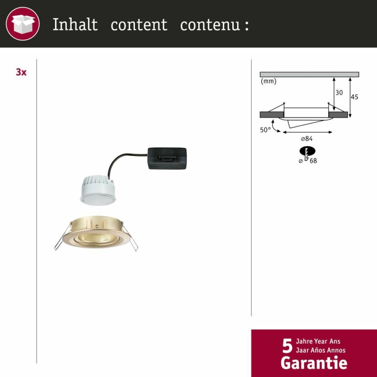 Paulmann LED Einbauleuchte Nova Coin 3er-Set   rund 84mm 50° Coin 3x6W 3x470lm 230V  2700K Gold matt