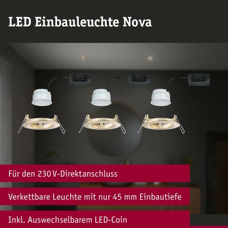 Paulmann LED Einbauleuchte Nova Coin Basisset starr IP44 rund 78mm  Coin 3x6W 3x470lm 230V  2700K Gold matt