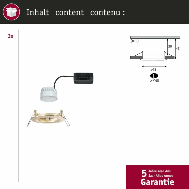 Paulmann LED Einbauleuchte Nova Coin Basisset starr IP44 rund 78mm  Coin 3x6W 3x470lm 230V  2700K Gold matt