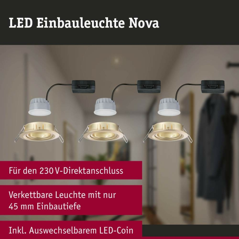 Paulmann LED Einbauleuchte 3-Step-Dim Nova Coin Basisset schwenkbar  rund 84mm 50° Coin 3x6W 3x470lm 230V dimmbar 2700K Gold matt