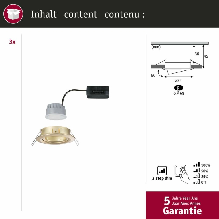 Paulmann LED Einbauleuchte 3-Step-Dim Nova Coin Basisset schwenkbar  rund 84mm 50° Coin 3x6W 3x470lm 230V dimmbar 2700K Gold matt