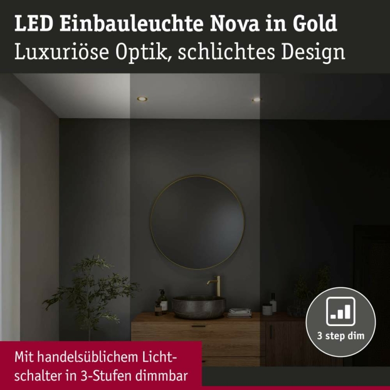 Paulmann LED Einbauleuchte 3-Step-Dim Nova Coin Basisset starr IP44 rund 74mm  Coin 3x6W 3x470lm 230V dimmbar 2700K Gold matt