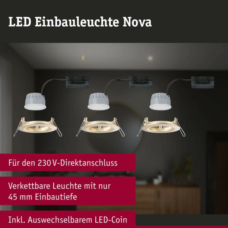 Paulmann LED Einbauleuchte 3-Step-Dim Nova Coin Basisset starr IP44 rund 74mm  Coin 3x6W 3x470lm 230V dimmbar 2700K Gold matt