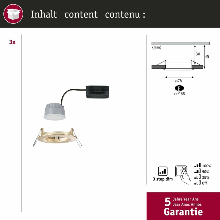 Paulmann LED Einbauleuchte 3-Step-Dim Nova Coin Basisset starr IP44 rund 74mm  Coin 3x6W 3x470lm 230V dimmbar 2700K Gold matt