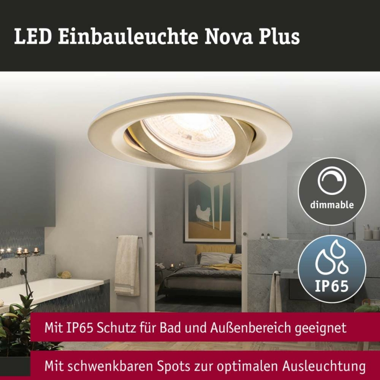 Paulmann LED Einbauleuchte Nova Plus 3er-Set  IP65 rund 93mm 30° GU10 3x6W 3x460lm 230V dimmbar 2700K Gold matt