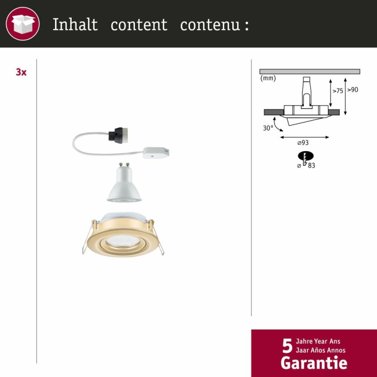 Paulmann LED Einbauleuchte Nova Plus 3er-Set  IP65 rund 93mm 30° GU10 3x6W 3x460lm 230V dimmbar 2700K Gold matt