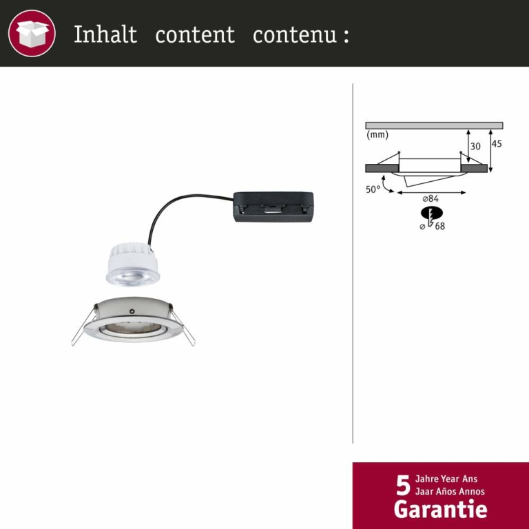 Paulmann LED Einbauleuchte Nova Coin Einzelleuchte   rund 84mm 50° 2,8W 505lm 230V  4000K Eisen gebürstet