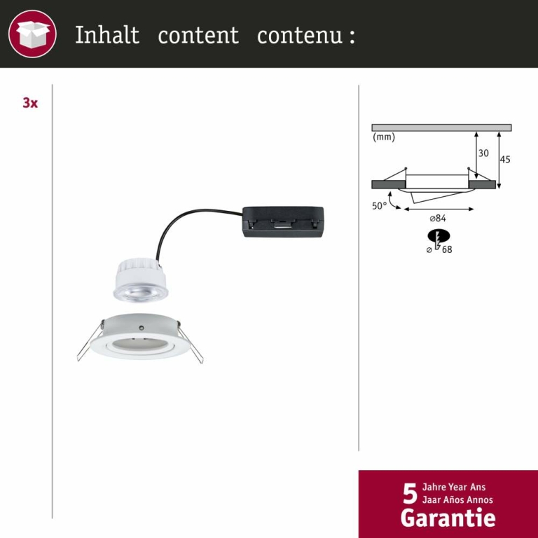 Paulmann LED Einbauleuchte Nova Coin 3er-Set   rund 84mm 50° 3x2,8W 3x505lm 230V  4000K Weiß matt