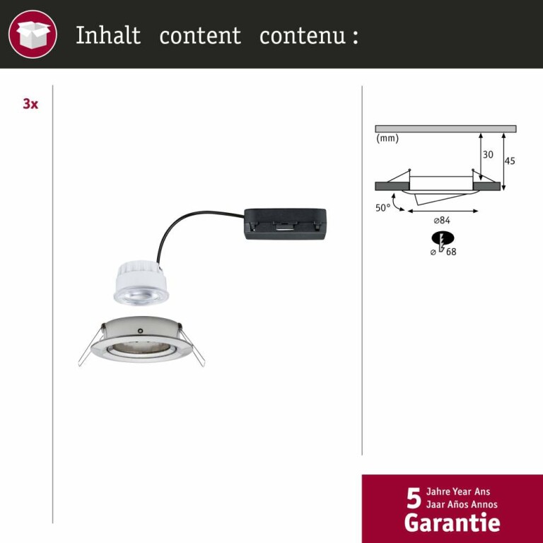 Paulmann LED Einbauleuchte Nova Coin 3er-Set   rund 84mm 50° 3x2,8W 3x505lm 230V  4000K Eisen gebürstet