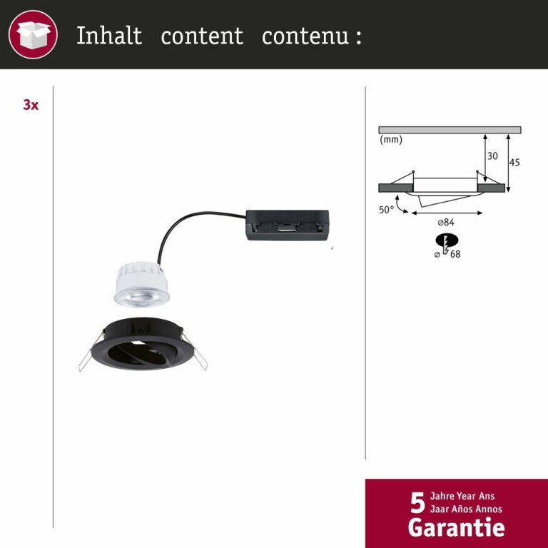 Paulmann LED Einbauleuchte Nova Coin 3er-Set   rund 84mm 50° 3x2,8W 3x505lm 230V  4000K Schwarz matt