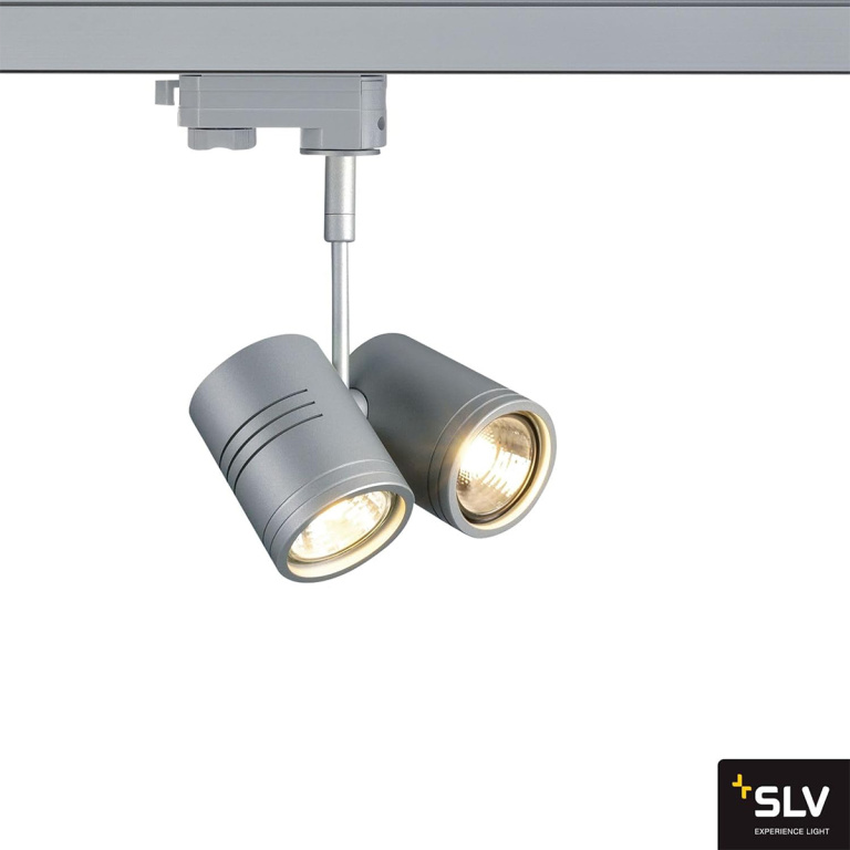 SLV 3-Phasen Schienen-Strahler BIMA II silbergrau zweiflammig 2x GU10 QPAR51 max. 50W inkl. 3P.-Adapter