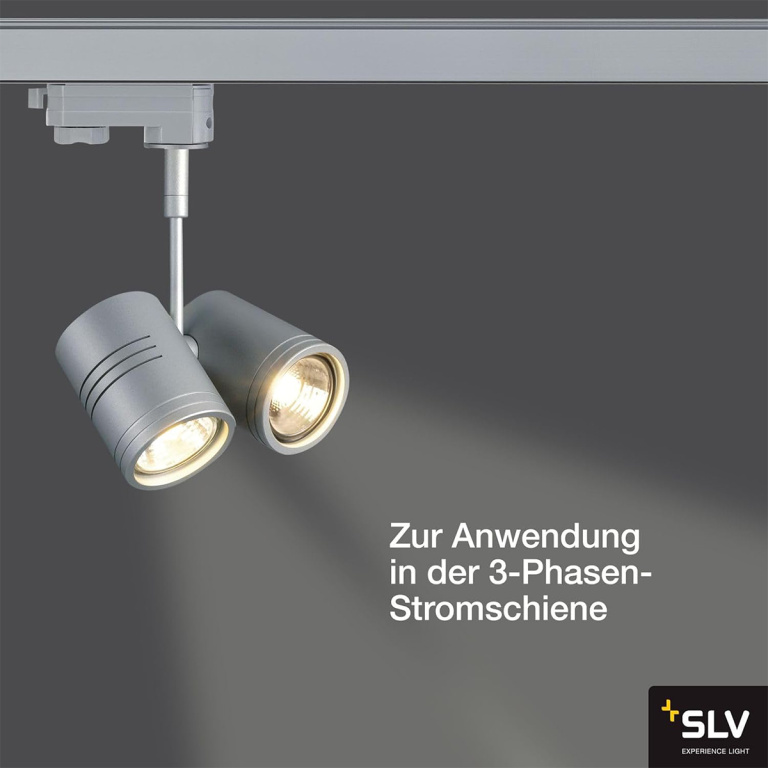 SLV 3-Phasen Schienen-Strahler BIMA II silbergrau zweiflammig 2x GU10 QPAR51 max. 50W inkl. 3P.-Adapter