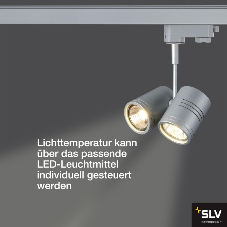 SLV 3-Phasen Schienen-Strahler BIMA II silbergrau zweiflammig 2x GU10 QPAR51 max. 50W inkl. 3P.-Adapter